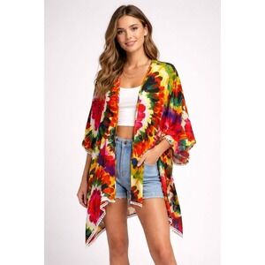 Rainbow Tie Dye Womens Top  L Abstract Floral Open Kimono Beachy Boho Cover Up